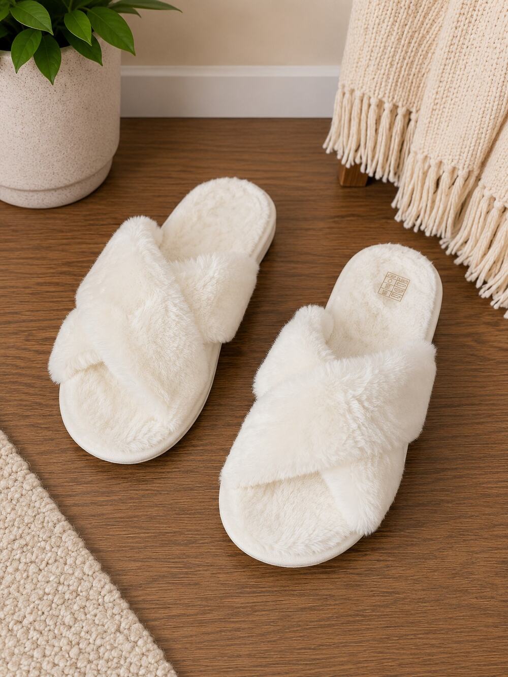 Women’s White Plush Cross Band Faux Fur Slide Slippers Cozy House Shoes NWOT
